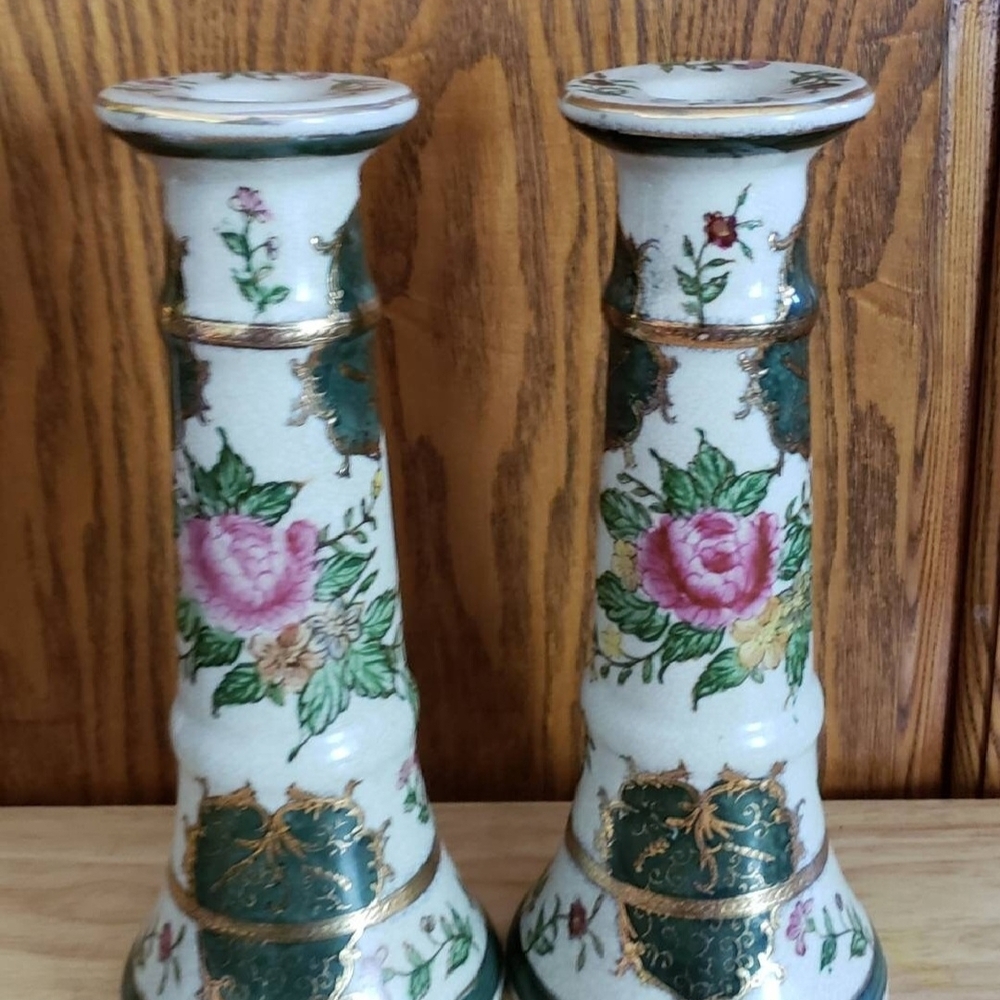 Ornate Pink Rose Ceramic Candlestick Pair - Decorative Home Accents